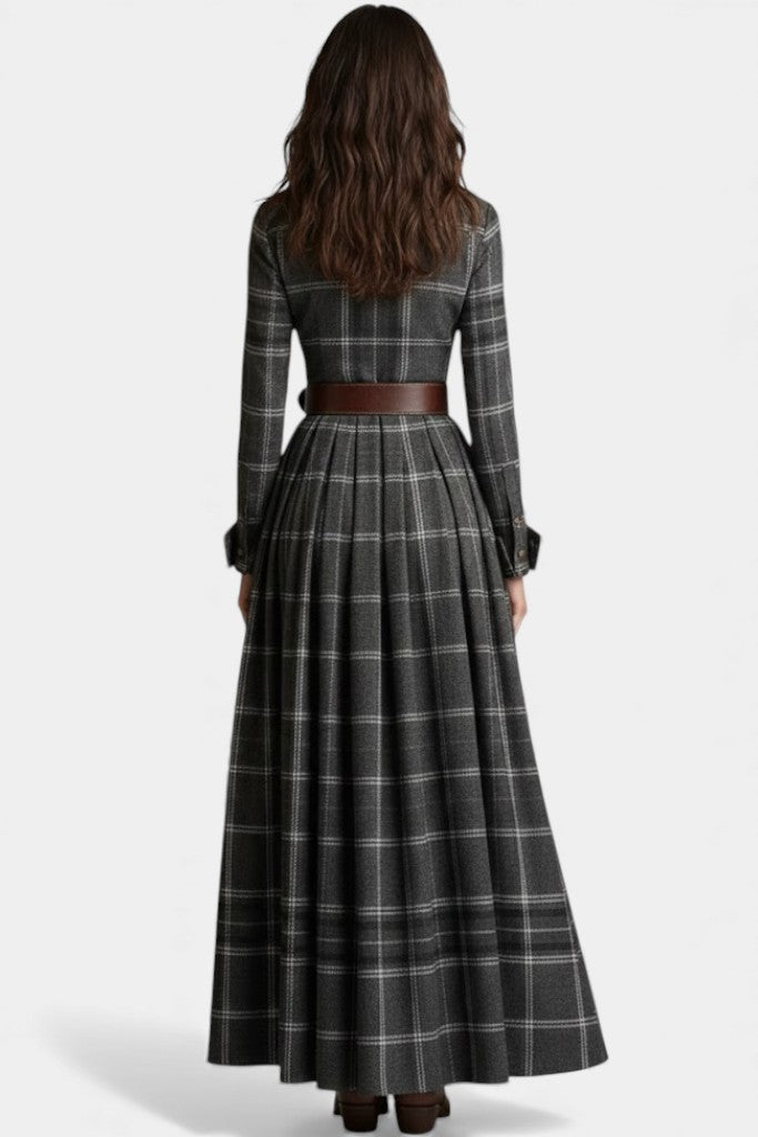 Eustelle Gray Checkered Maxi Dress Featuring a Chic Collar