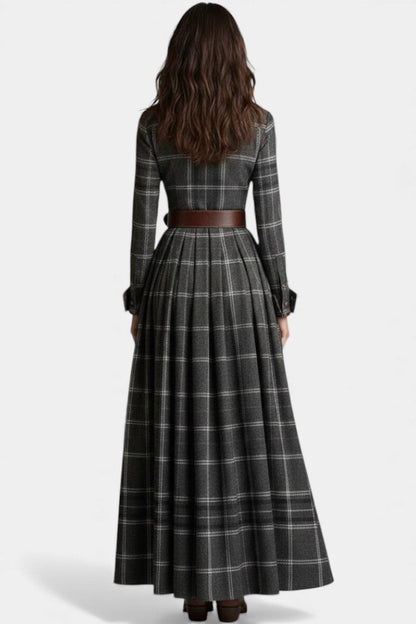 Eustelle Gray Checkered Maxi Dress Featuring a Chic Collar