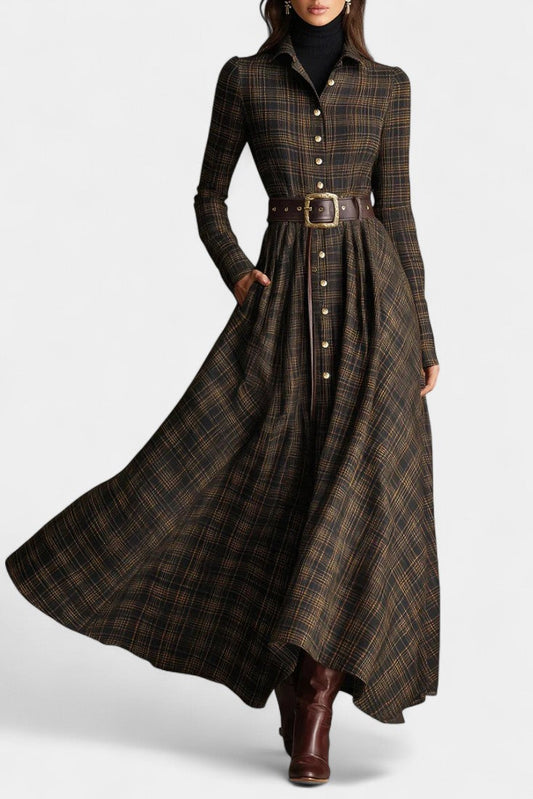 Brown and Black Plaid Long Shirt Dress by Aliette