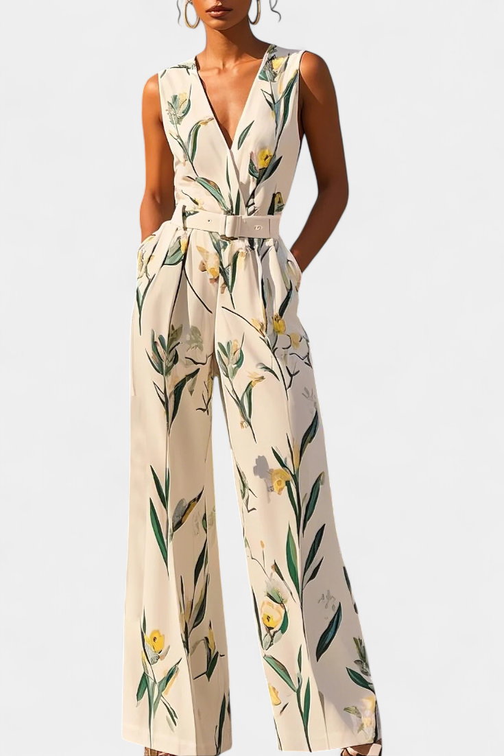 Slara™ -  White V-Neck Jumpsuit with Belted Waist