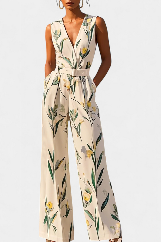 Slara™ -  White V-Neck Jumpsuit with Belted Waist