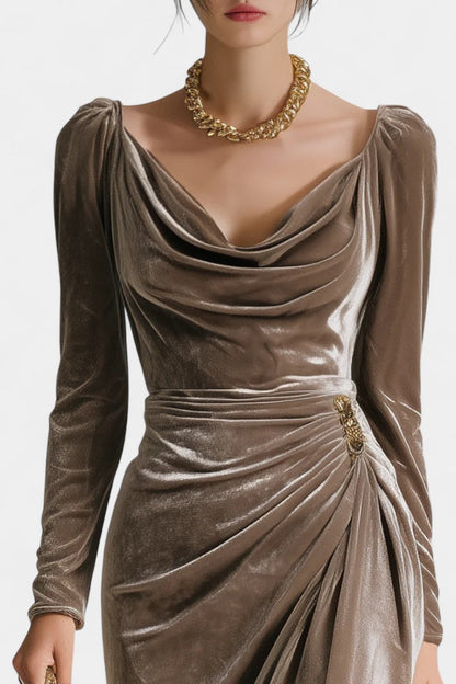 Chérane Velvet Midi Dress with Ruffled Neckline and Tulip Hem