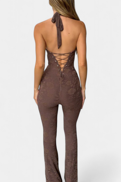Kendra™ -  Floral Lace Halter Jumpsuit Featuring an Open Back