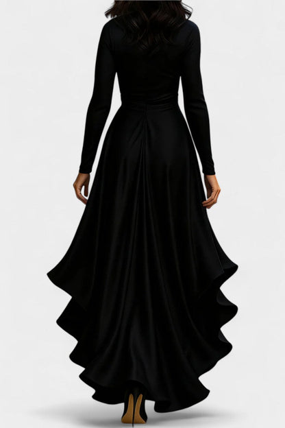 Isabeau Satin Dress Featuring Ruffled Hem and Adjustable Waist Belt