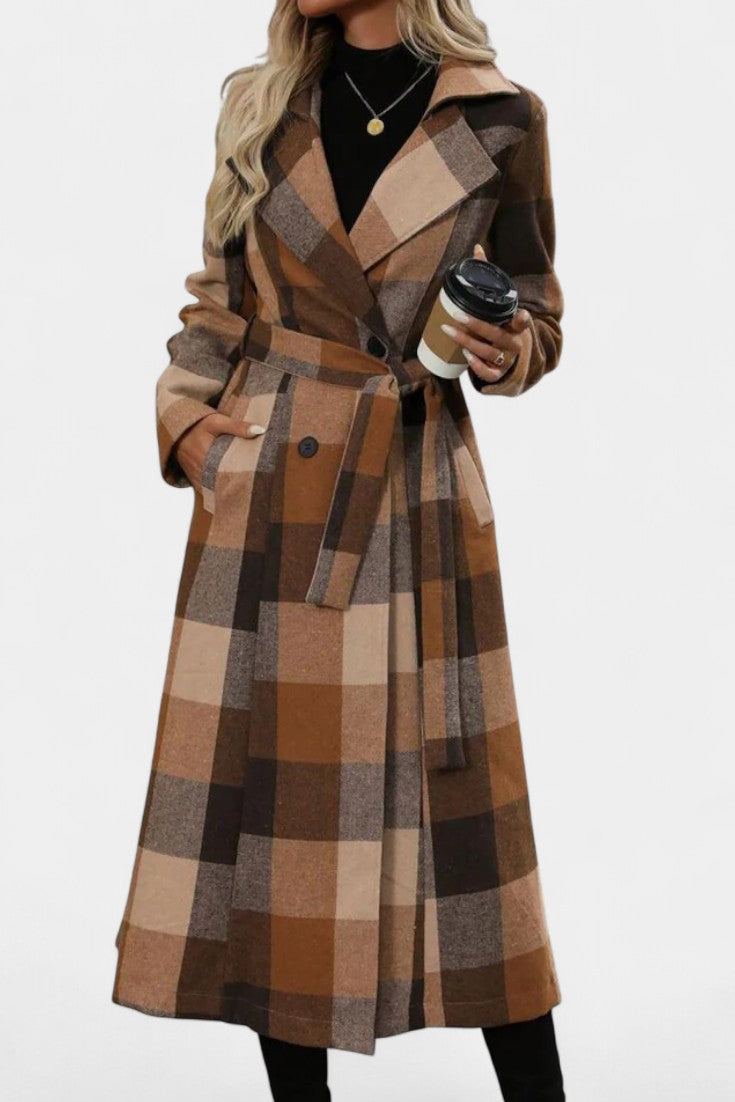 Mélissandre Double-Breasted Long Coat with Notched Collar and Check Pattern