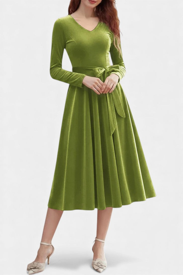 Almena V-Neck Midi Velvet Dress - Elegant and Perfect for Festive Occasions