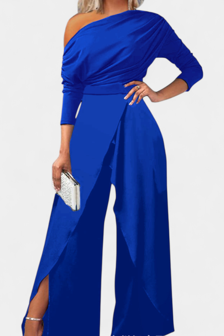 Brina™ - Asymmetrical Jumpsuit with Pearl-Embellished Shoulders and Straight Legs