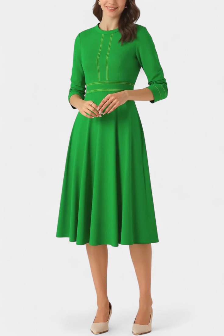 Chantal Midi Flared Dress Featuring Round Neck and 3/4 Sleeves