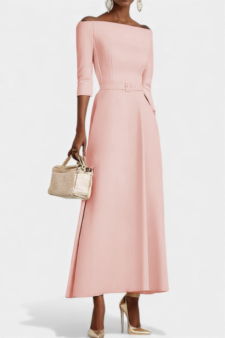 Meriya Off-the-Shoulder Long Trapeze Dress with Short Sleeves