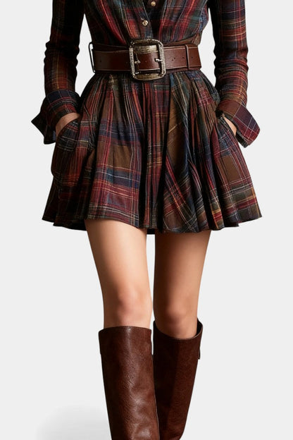 Bogdana Vintage-Inspired Mini Dress with Checkered Pattern and Belt