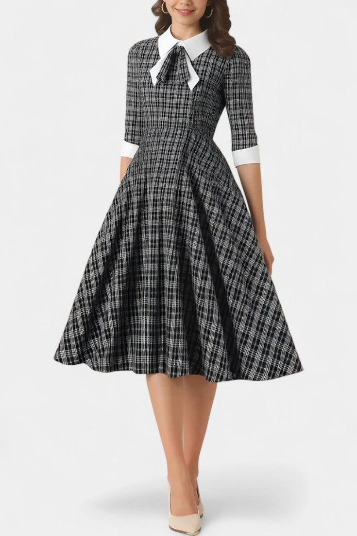 Natacha Checkered Midi A-Line Dress with Collar and Bow Detail