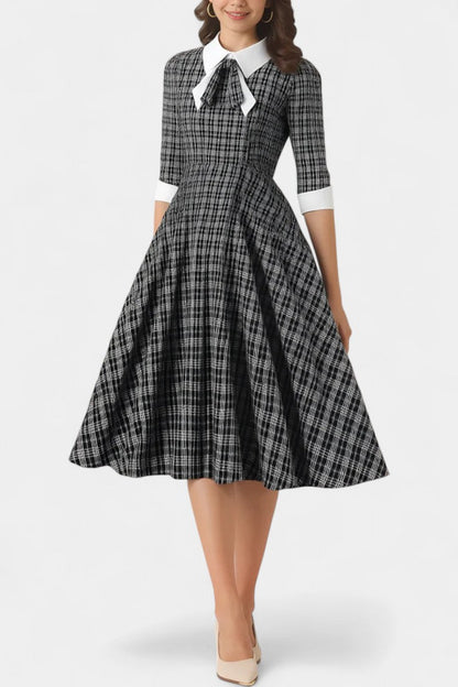Natacha Checkered Midi A-Line Dress with Collar and Bow Detail