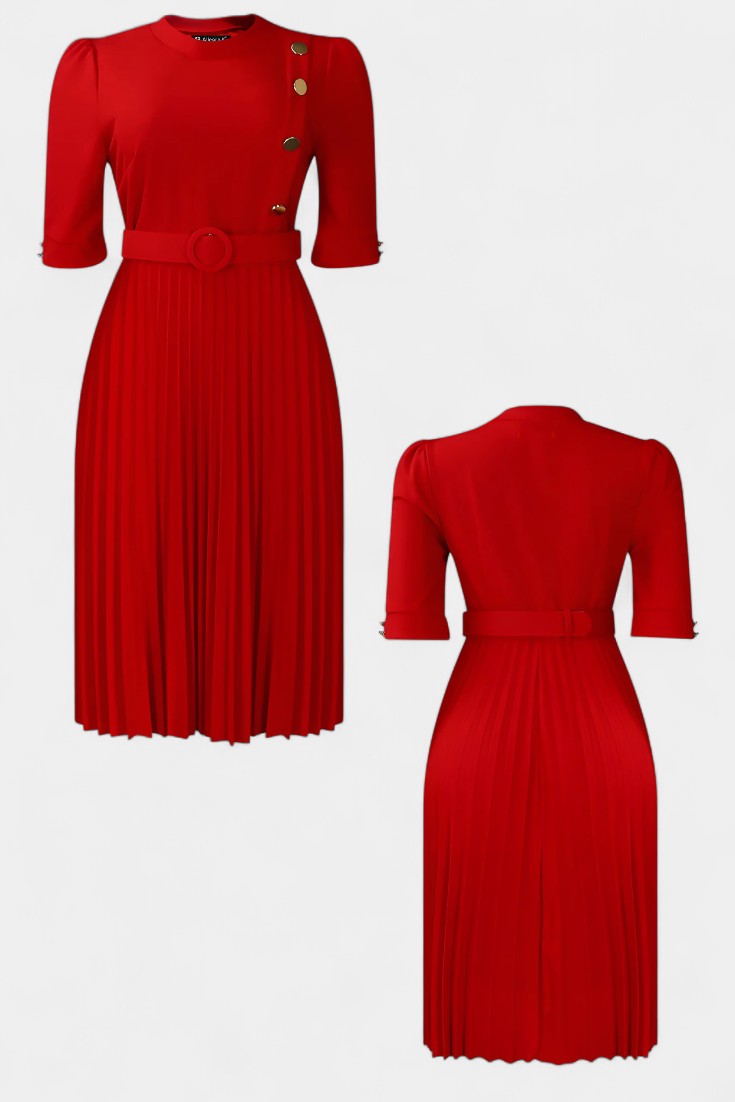 Zandie Chic Pleated Dress Featuring Stylish Decorative Buttons