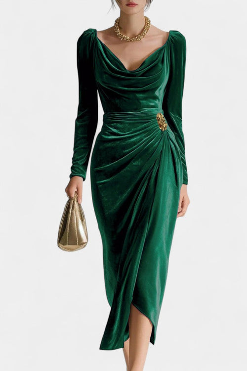 Chérane Velvet Midi Dress with Ruffled Neckline and Tulip Hem