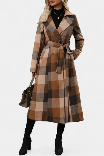 Mélissandre Double-Breasted Long Coat with Notched Collar and Check Pattern