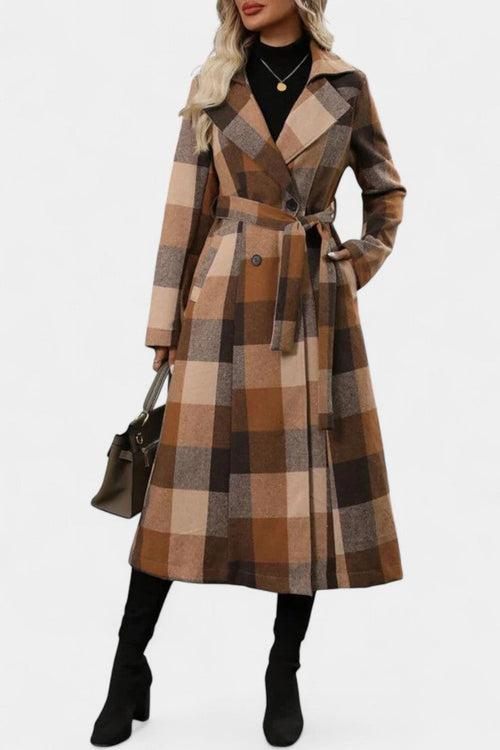 Mélissandre Double-Breasted Long Coat with Notched Collar and Check Pattern