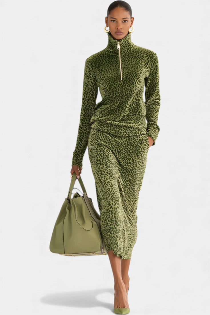 Avdotya™ - Retro Leopard High Collar Ensemble