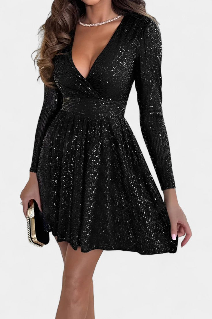 Thaïs V-Neck Long Sequin Dress with Elegant Long Sleeves