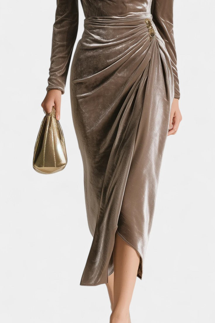 Chérane Velvet Midi Dress with Ruffled Neckline and Tulip Hem