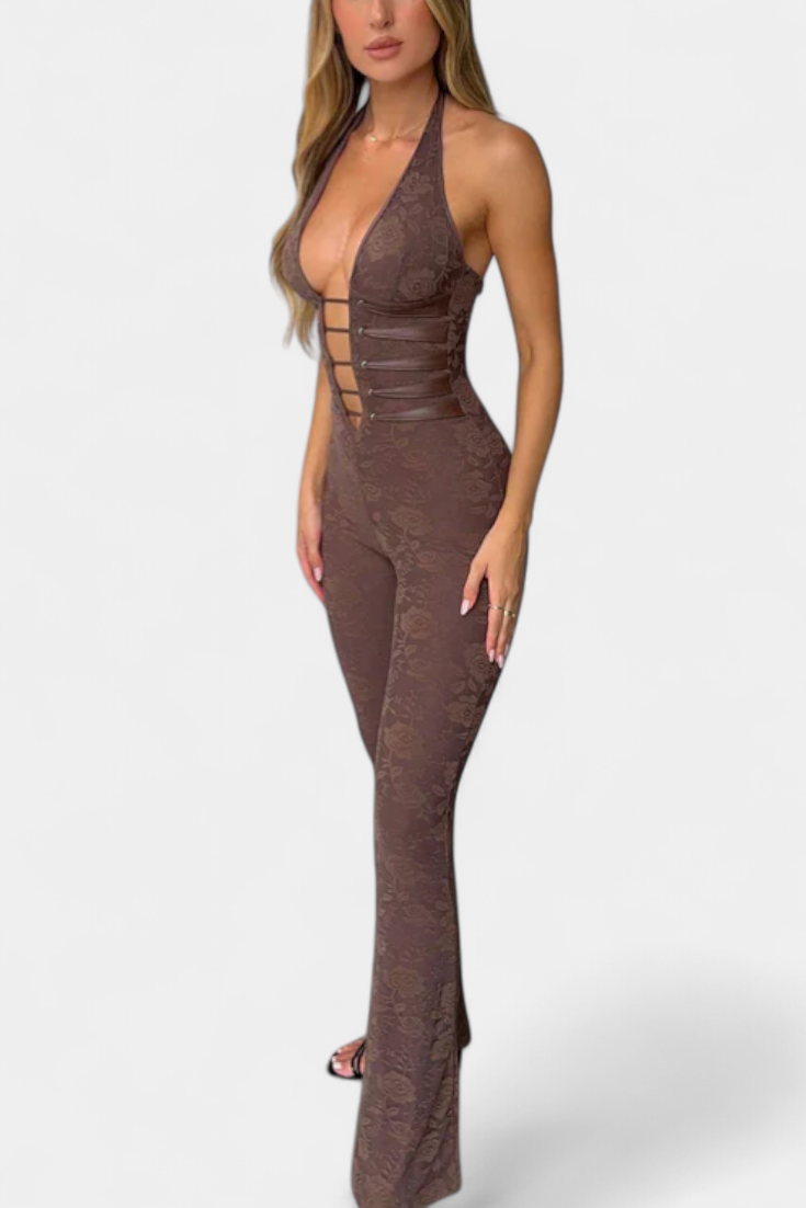 Kendra™ -  Floral Lace Halter Jumpsuit Featuring an Open Back