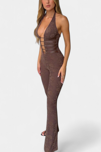 Kendra™ -  Floral Lace Halter Jumpsuit Featuring an Open Back