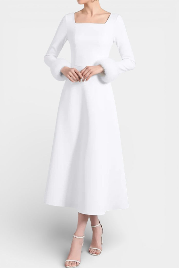 Alicia Square Neck Flared Dress with Patchwork Faux Fur Sleeves