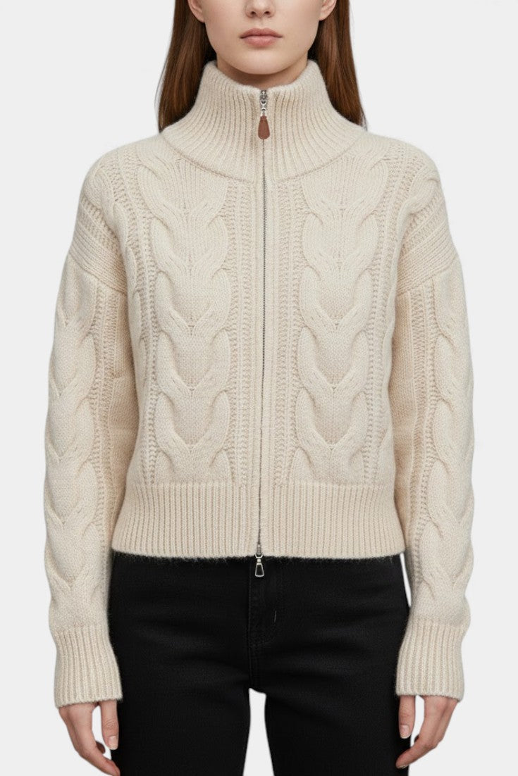 White High-Neck Cable Knit Zip Vest