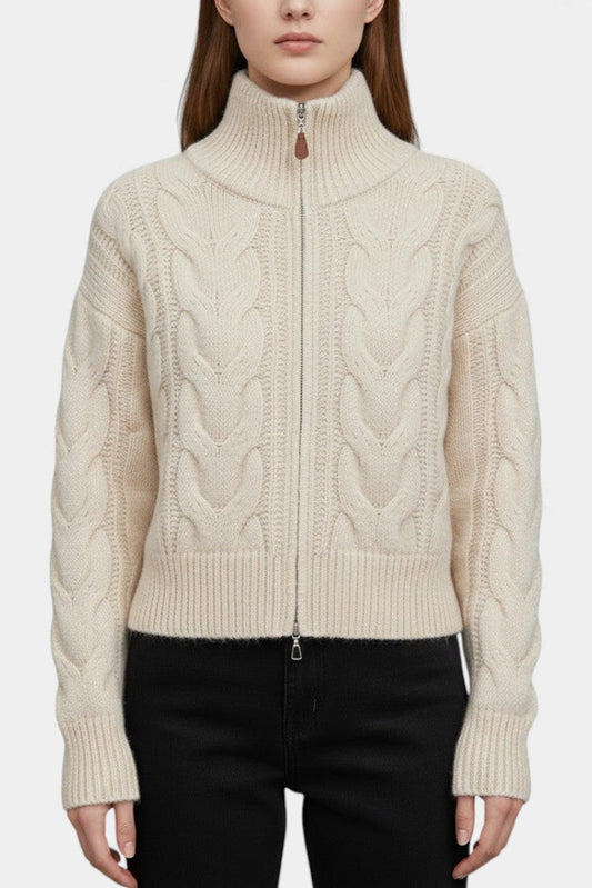 White High-Neck Cable Knit Zip Vest