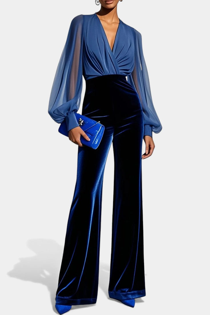 Mikaella™ - V-Neck Blue Velvet Jumpsuit with Long Sleeves
