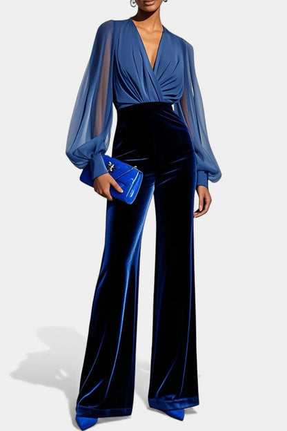 Mikaella™ - V-Neck Blue Velvet Jumpsuit with Long Sleeves