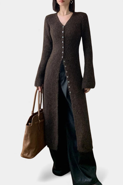 Dorénia V-Neck Midi Sweater Dress with Side Slit