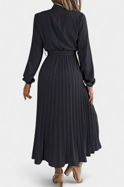 Morgane Pleated Dress Featuring a High Gathered Collar and Tied Waist