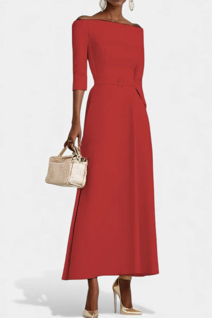 Meriya Off-the-Shoulder Long Trapeze Dress with Short Sleeves