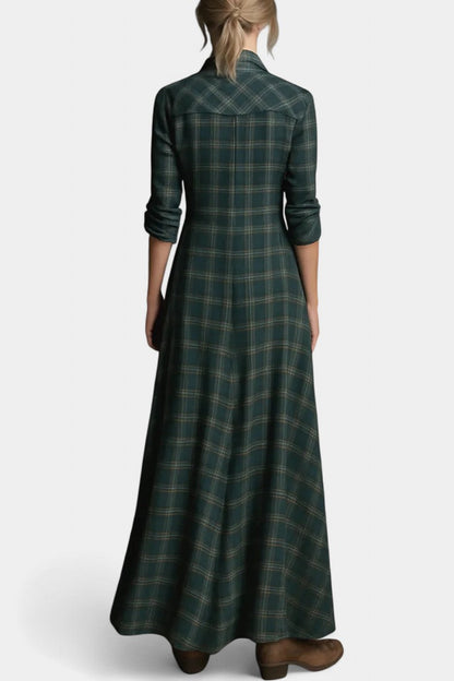 Amanita Green Check Maxi Dress with Structured Lapel