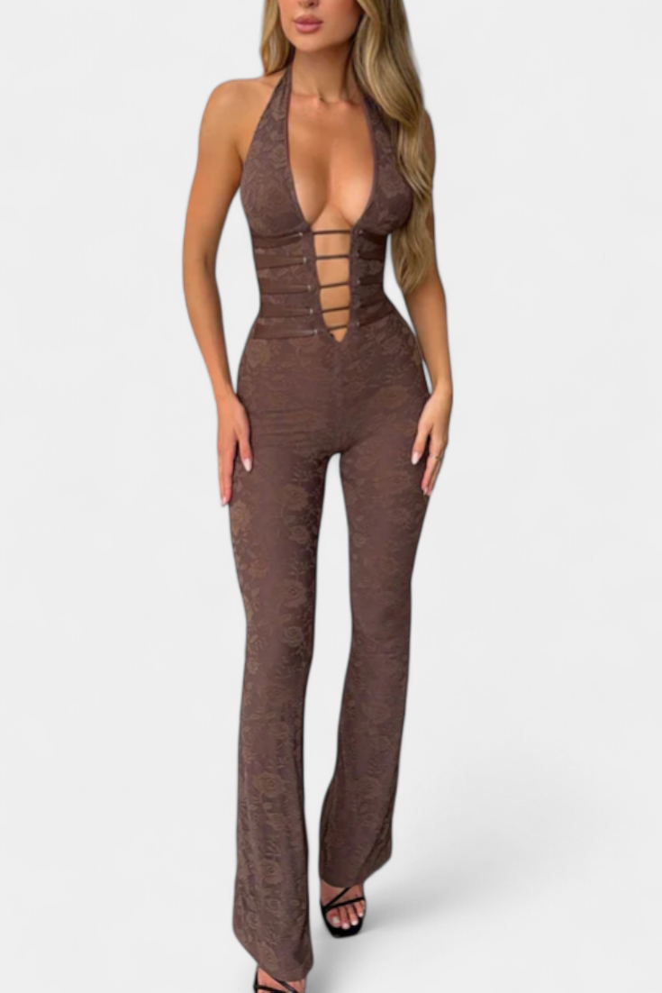 Kendra™ -  Floral Lace Halter Jumpsuit Featuring an Open Back