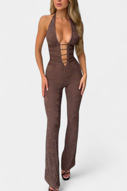 Kendra™ -  Floral Lace Halter Jumpsuit Featuring an Open Back