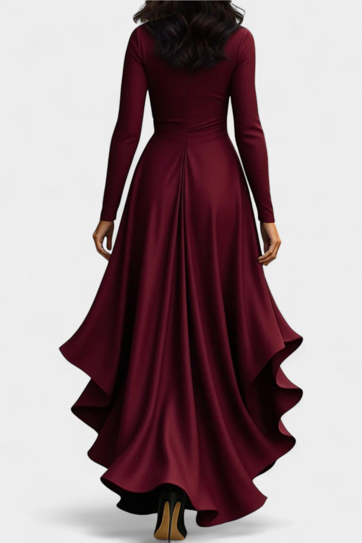Isabeau Satin Dress Featuring Ruffled Hem and Adjustable Waist Belt