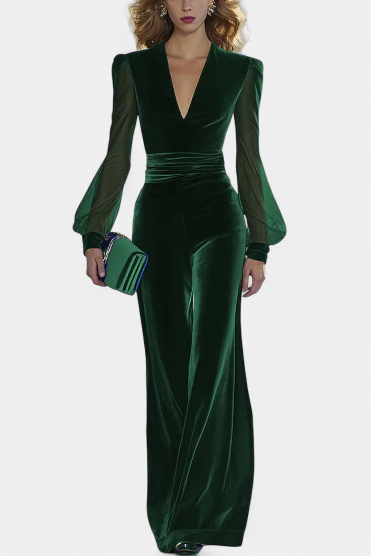 Clarène™ - V-Neck Velvet Jumpsuit with Long Sleeves
