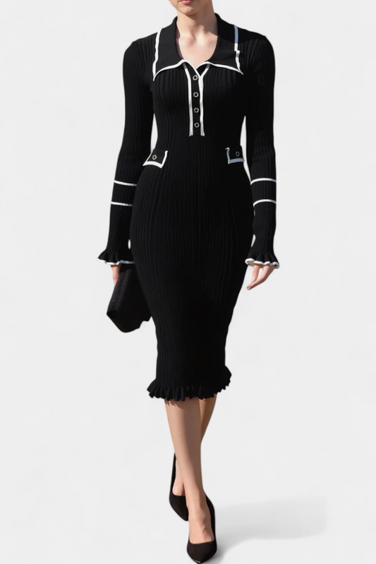 Jamila Polo Collar Knit Dress with Chic Ruffles