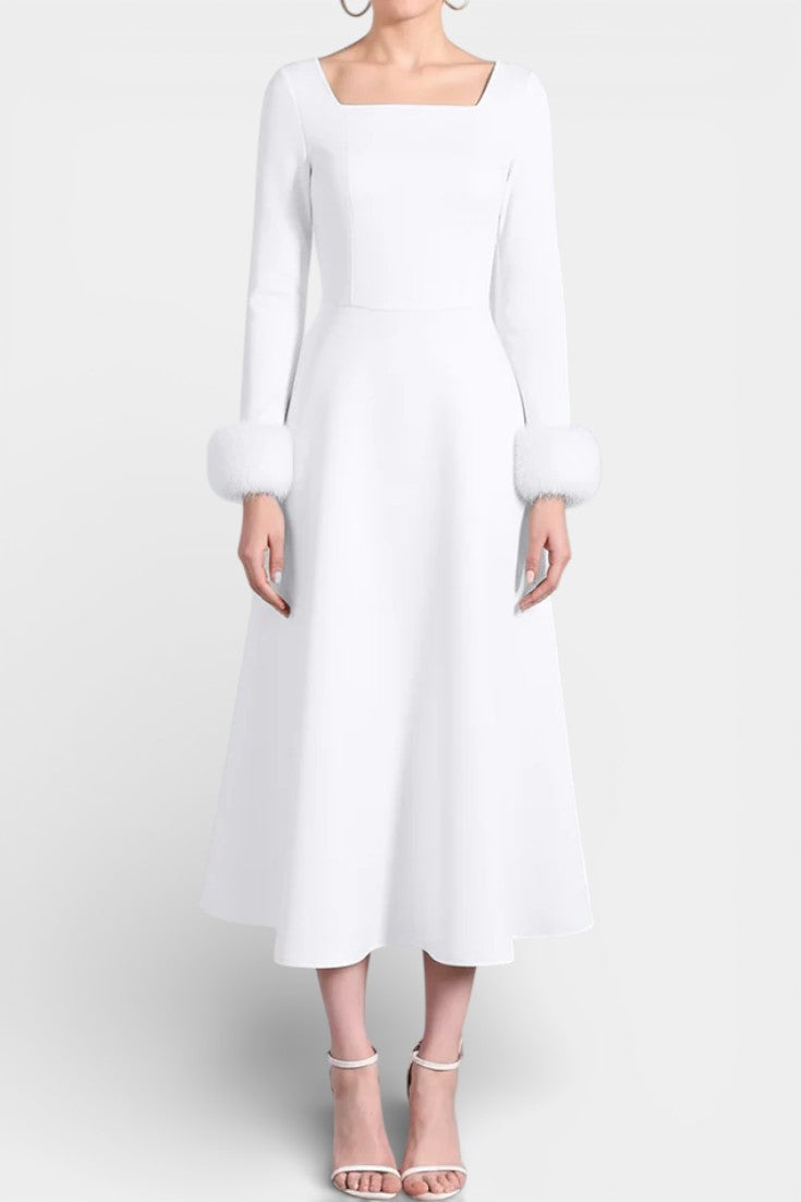 Alicia Square Neck Flared Dress with Patchwork Faux Fur Sleeves