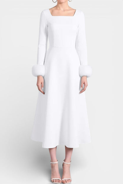 Alicia Square Neck Flared Dress with Patchwork Faux Fur Sleeves