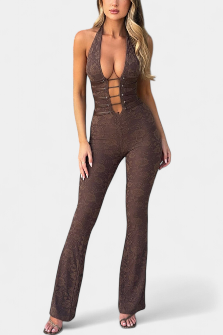 Kendra™ -  Floral Lace Halter Jumpsuit Featuring an Open Back