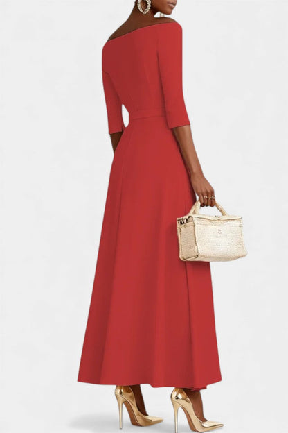 Meriya Off-the-Shoulder Long Trapeze Dress with Short Sleeves