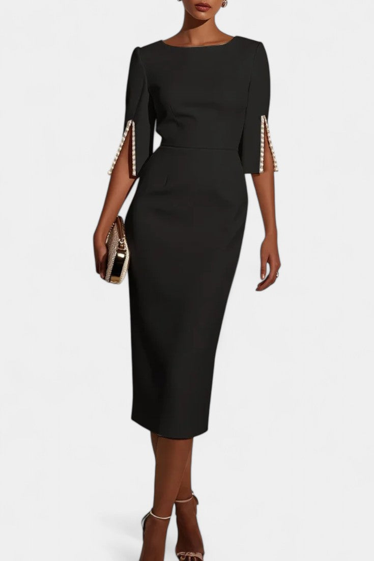 Reece Midi Dress Featuring Timeless Pearls and Classic Accents