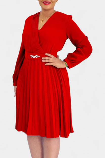 Lucie Long Sleeve Midi Dress with Pleats and Belt