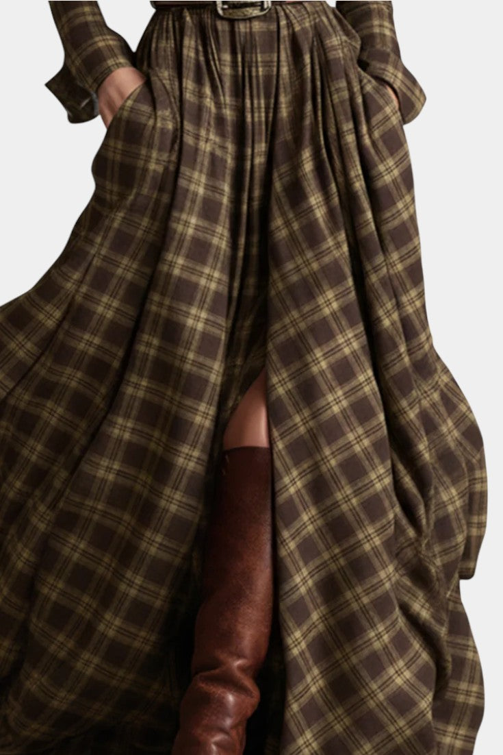 Eustellia Long Checkered Dress with Vintage Ethnic Flair