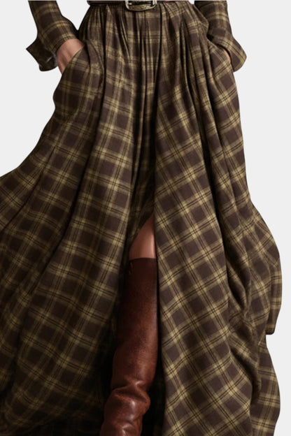 Eustellia Long Checkered Dress with Vintage Ethnic Flair