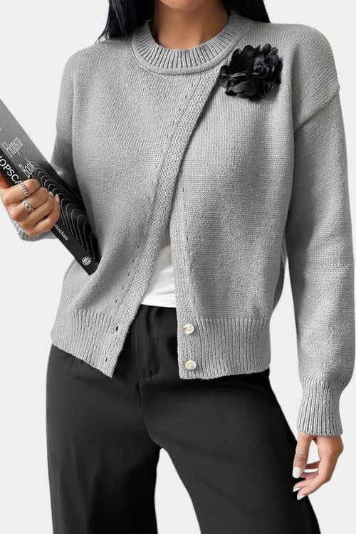 Carole Solid Color Knitted Sweater with Button Accents and Floral Embellishments