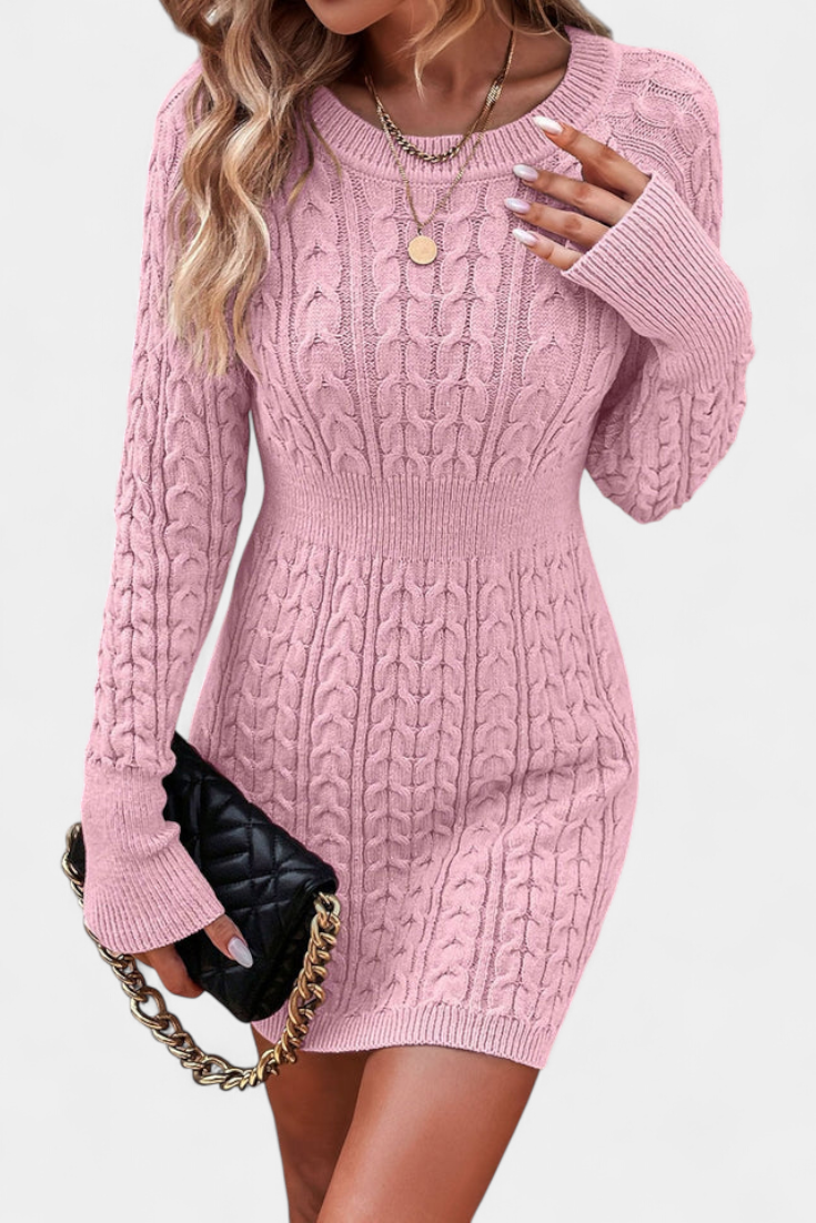 Valérie Twisted Knit Fitted Dress with Round Neck