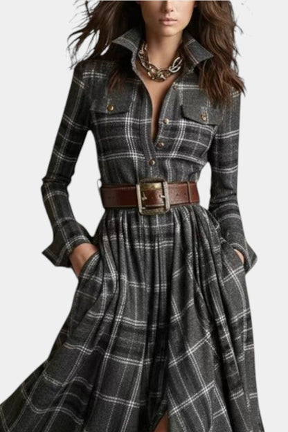 Eustelle Gray Checkered Maxi Dress Featuring a Chic Collar